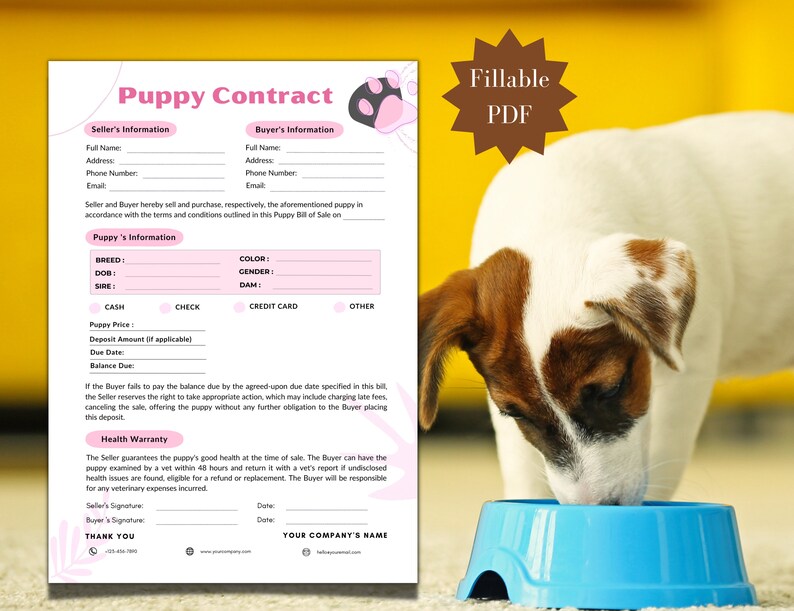 Fillable Puppy Sales Contract, Puppy Bill of Sale, Editable Puppy