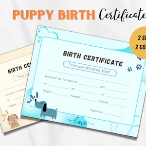 Certificato di nascita del cucciolo stampabile, certificato di nascita del cane, modello di certificato di nascita dell'animale domestico, modulo di nascita dell'allevatore, stampa del certificato di nascita PDF
