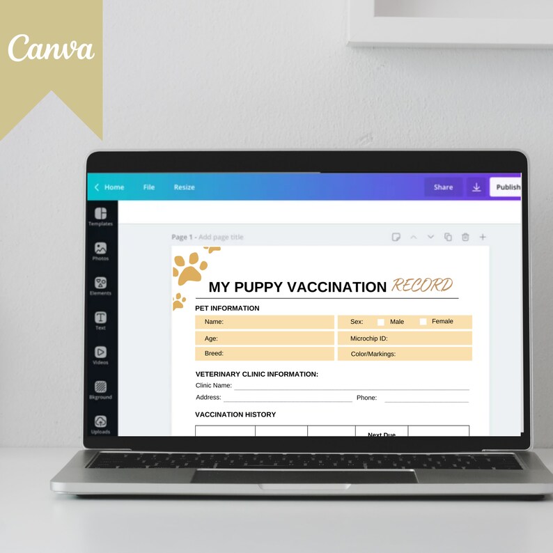 May include: A digital template for a puppy vaccination record. The template includes sections for pet information, veterinary clinic information, and vaccination history. The template is designed to be used by pet owners to track their puppy's vaccinations.