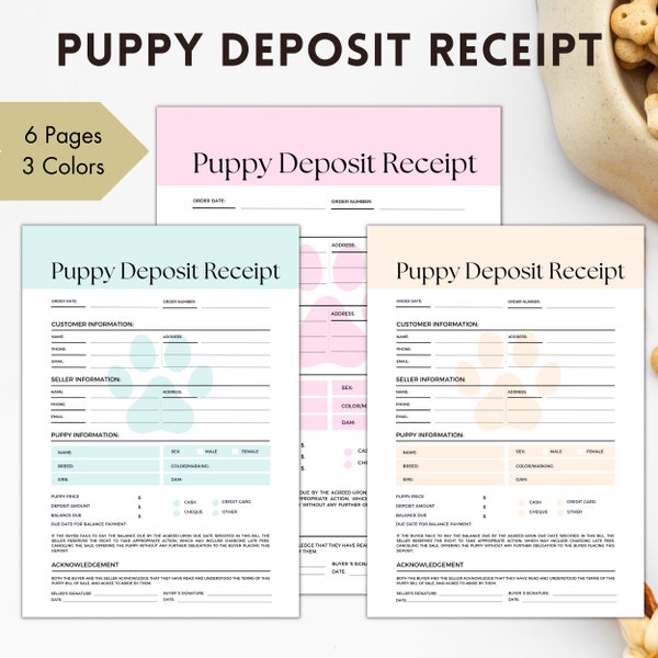 Invulbaar puppy-aanbetalingsformulier, puppy-verkoopovereenkomst, puppy-verkoopovereenkomst, puppy-verkoopcontract, bewerkbare bon, hondenfokkerformulieren, nieuwe puppy