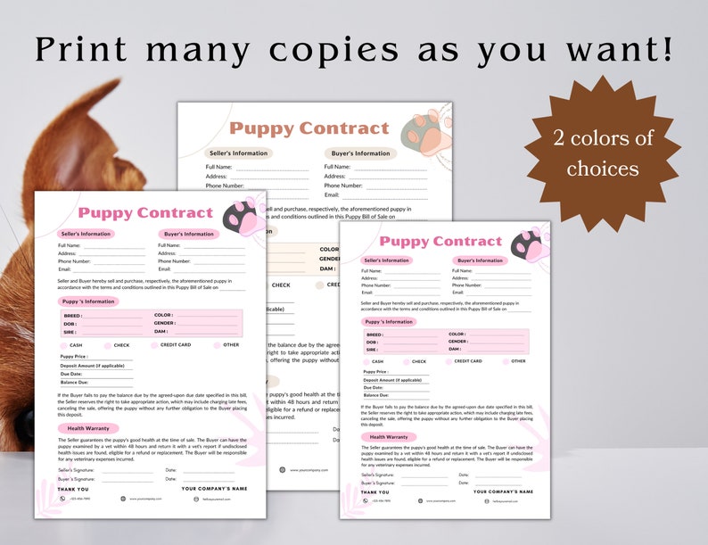 Fillable Puppy Sales Contract, Puppy Bill of Sale, Editable Puppy