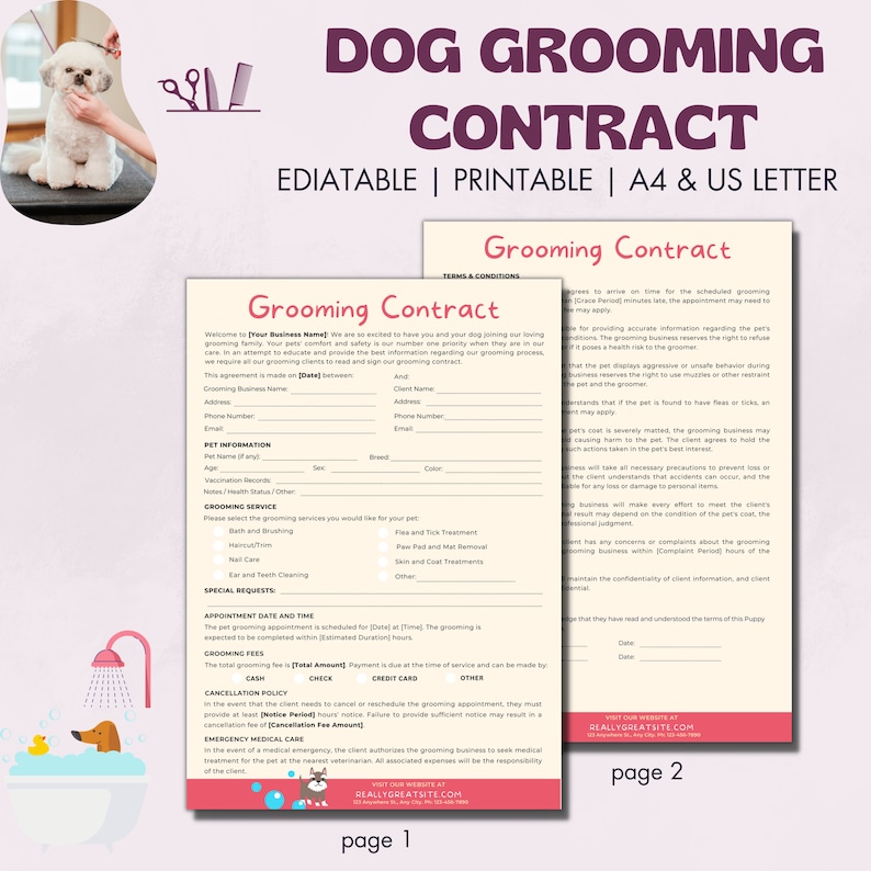 Dog Grooming Contract, Pet Grooming Contract Printable, Dog Cat Salon ...