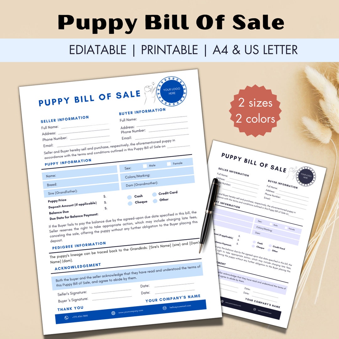 Puppy Bill of Sale Form, Puppy Deposit Receipt, Puppy Contract, Dog ...