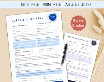 Puppy Bill of Sale Template, Dog Breeder Contract (Editable PDF)
