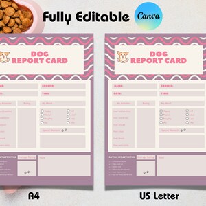 Op de afbeelding: Printbare hondenrapportkaart sjabloon in roze en paars met een cartoon hondenillustratie. De sjabloon bevat secties voor naam, datum, trimmer, tijd, activiteiten, beoordeling, stemming, speciale momenten en notities. De tekst "Volledig bewerkbaar Canva" staat bovenaan de pagina. De sjabloon is beschikbaar in A4 en US Letter formaten.