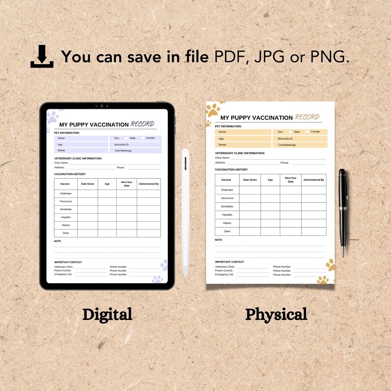 May include: Two printable puppy vaccination record templates, one for digital use and one for physical use. Both templates feature paw prints and a light blue and yellow colour scheme. The digital template is on a tablet screen and the physical template is on a white sheet of paper.