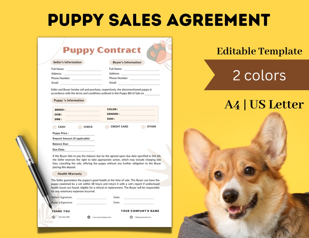 Fillable Puppy Sales Contract, Puppy Bill of Sale, Editable Puppy