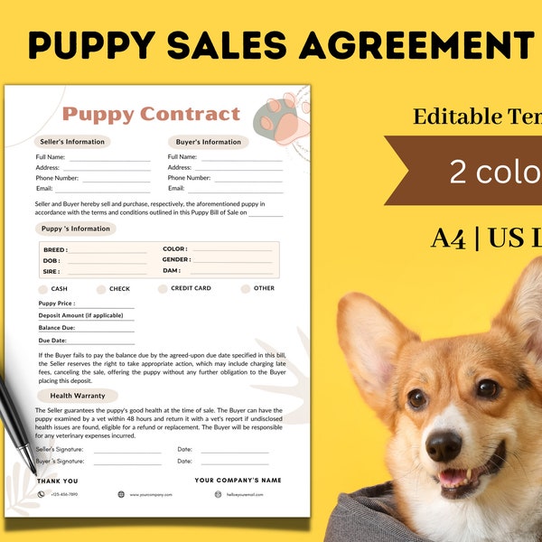 Fillable Puppy Sales Contract, Puppy Bill of Sale, Editable Puppy Selling Contract, Dog Breeder Forms, Puppy Bill of Sale Form, New Puppy