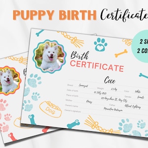 Puppy geboorteakte sjabloon, bewerkbare pootafdruk nieuwe puppy kat hond geboorteakte, afdrukbare huisdier adoptie geboorteakte, digitaal
