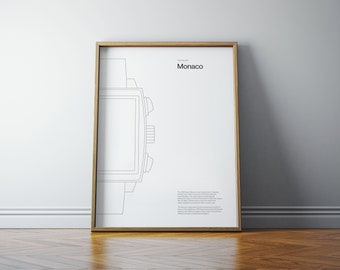 Affiche emblématique de boîtier de montre - Tag Heuer Monaco, design de montre minimaliste, affiche de montre, affiche d'horlogerie minimaliste