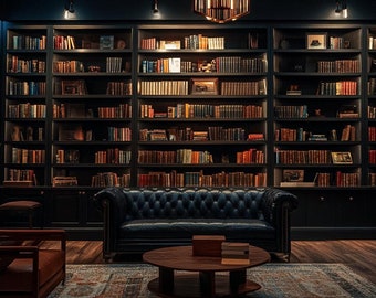 May include: A dark wood bookcase filled with books, a dark blue leather sofa, a wooden coffee table, and a brown leather armchair in a dimly lit room.