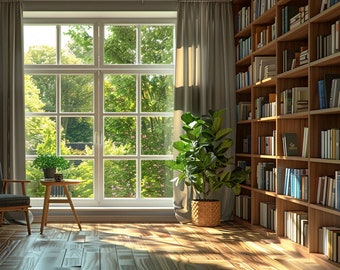 Sunlit Library Zoom Background: Cozy Home Office Backdrop (Digital Download)