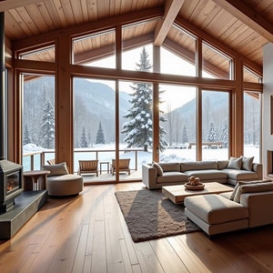 May include: A spacious living room with large windows overlooking a snowy forest. The room features a modern fireplace, a sectional sofa, and a wooden floor.