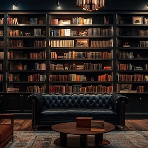 Pode incluir: Uma estante de madeira escura cheia de livros, um sofá de couro azul escuro, uma mesa de centro de madeira e uma poltrona de couro marrom em uma sala com pouca luz.