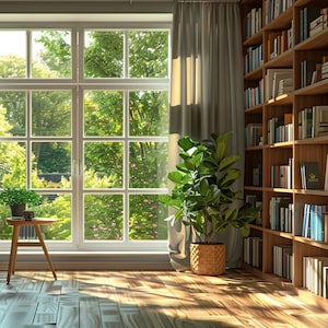 Könnte beinhalten: Eine gemütliche Leseecke mit einem bequemen Sessel, einem Holz-Beistelltisch und zwei großen Bücherregalen, die mit Büchern gefüllt sind. Ein großes Fenster mit weißen Rahmen blickt auf einen üppigen grünen Garten. Sonnenlicht strömt durch das Fenster und erhellt den Raum.