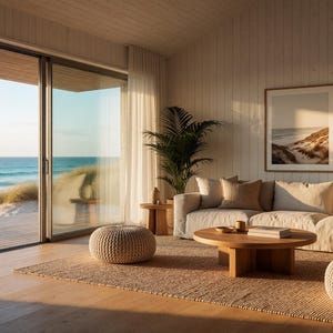 Puede incluir: Una sala de estar con un sofá beige, dos otomanas redondas de punto y una mesa de centro circular de madera. La habitación tiene paredes de madera clara, una alfombra texturizada y grandes puertas correderas de cristal hacia el mar.