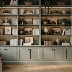 May include: A large sage green built-in bookshelf unit with four vertical sections, featuring integrated lighting, multiple shelves filled with white books, framed landscape art, ceramic vases, woven baskets, and potted green plants.