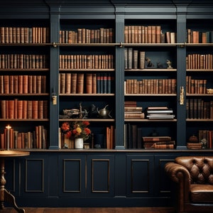 May include: A dark blue library with built-in bookshelves filled with leather-bound books. A brown leather sofa sits in front of the shelves, and a small table with a candle sits in the middle of the room.