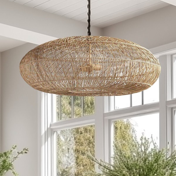 Stunning Kamila Rattan Pendant Light for Kitchen Island, Living Room, Bedroom Decor. High Quality Handwoven Wicker Hanging Light. Luxe Light