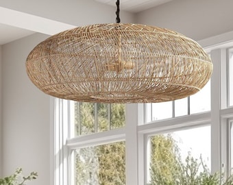 Stunning Kamila Rattan Pendant Light for Kitchen Island, Living Room, Bedroom Decor. High Quality Handwoven Wicker Hanging Light. Luxe Light