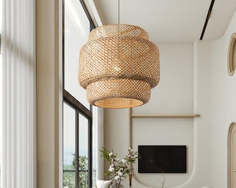 Hochwertige Bambus Pendelleuchte. Bambus Lampenschirm für Bauernhaus, Boho, Küsten Interior Dekor. Nachhaltiges Design. Handgefertigt von Handwerkern