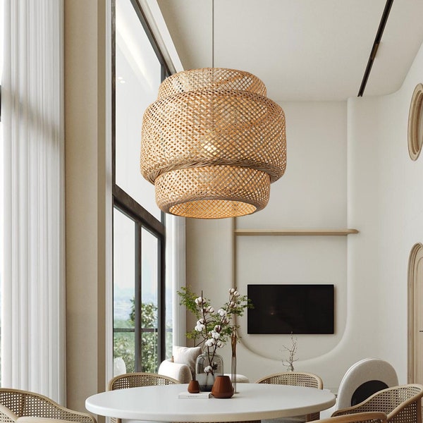 Sophisticated Bamboo Pendant Light. Bamboo Lampshade for Farmhouse, Boho, Coastal Interior Decor. Sustainable Design. Handmade by Artisans