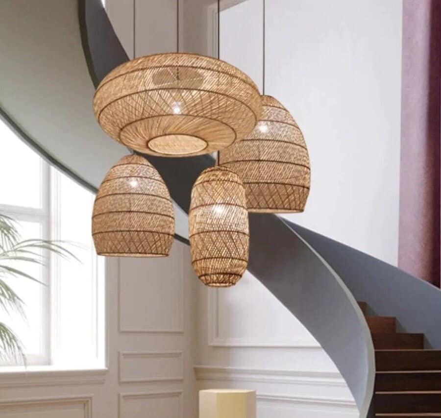 Rétro Lustres Lumière Naturelle De Bambou Et Plafonnier Rotin Vintage E27  Éclairage Plafond Tissées Main Pour Manger Chambre Salon Bar Café Pendentif