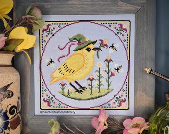 Yellow Bird Cross Stitch Pattern, Spring Flowers, Witch Hat, Bumble Bees, xstitch, Pattern Keeper, PDF