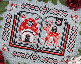 Book of Fabled Fungi Cross Stitch, Mushroom Cross Stitch Pattern, Fawn Deer Cross Stitch, Cottagecore Cross Stitch, Book Cross Stitch