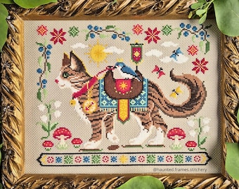 Cat Mount Cross Stitch Pattern, Fantasy Adventure, Golden Sun, Blue Bird, Mushrooms, Pattern Keeper, PDF