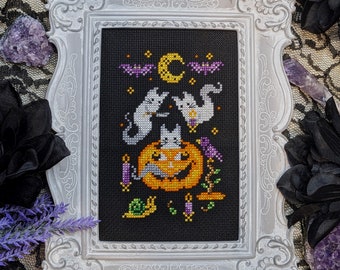 Haunted Halloween Pumpkin Cross Stitch Pattern, Spooky Cats Xstitch, Jack-O-Lantern, Ghost Kittens, Goth Cute Xstitch, Pattern Keeper, PDF