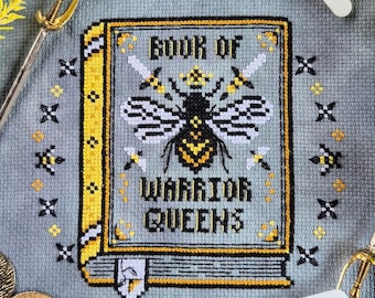 Book of Warrior Queens: Collector's Edition Cover Cross Stitch Pattern, Bumble Bee, Books Library , Fantasy,  Swords, Daggers, Crown, PDF