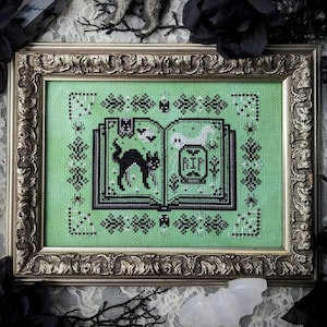 May include: A framed cross-stitch design featuring a green book with a black cat, a ghost, and the word "RIP" on the cover. The book is surrounded by a black and white border with spiders and bats.