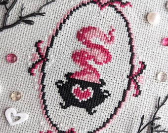 Love Potion Cross Stitch Pattern, Valentine's Day Xstitch, Witchy Cauldron, Pink, Valloween, Hearts, Witch Brew, Frame, Pattern Keeper