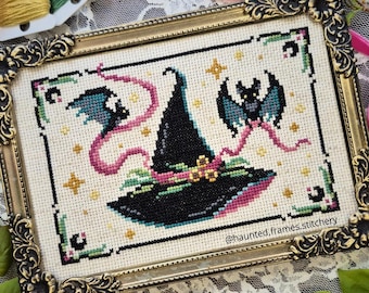 Witch Hat Cross Stitch Pattern, Bats, Familiar, Pink Ribbon, Spooky, Cute, Princesscore, PDF Pattern, Pattern Keeper