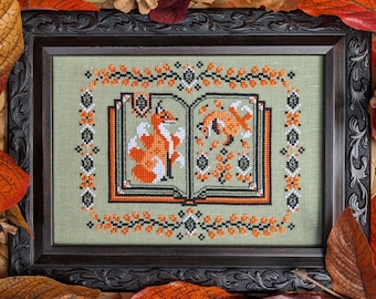 Book of Fox Tales Cross Stitch Pattern, Kitsune Cross Stitch, Books, Library, Cute, Fantasy, Fall, Autumn, Leaves, Baby Fox, Pattern Keeper