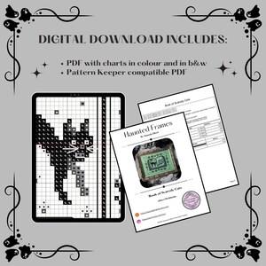 May include: Digital download of a cross stitch pattern for a black cat with a green frame. The pattern is called "Haunted Frames" and is part of a collection called "Book of Scaredy Cats".