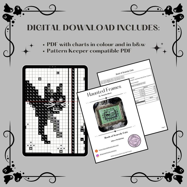 May include: Digital download of a cross stitch pattern for a black cat with a green frame. The pattern is called "Haunted Frames" and is part of a collection called "Book of Scaredy Cats".