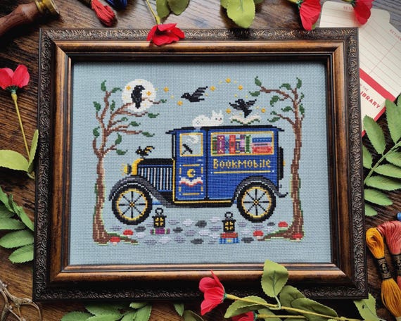 Midnight Bookmobile Cross Stitch Pattern, Vintage car, Spooky, Ghost Cat, Books, Gothic, Crows, Haunted Library, Pattern Keeper,