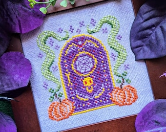 Halloween Ghoulish Gateway Cross Stitch Pattern - Spooky Door, Bats, Pumpkins, Fall Stitch, Xstitch, Goth, Skull, Bones, PDF Pattern Keeper