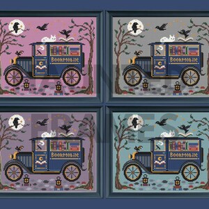 May include: Four framed cross-stitch patterns featuring a blue bookmobile van with a white cat on the roof, a full moon, black birds, and bare trees. The van has the word Bookmobile printed on the side. Each pattern has a different background color.