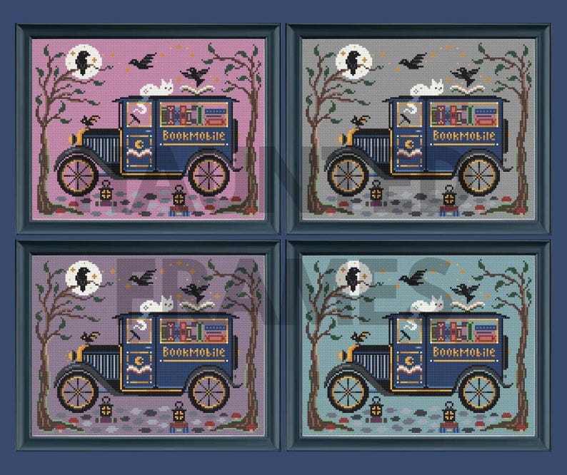 May include: Four framed cross-stitch patterns featuring a blue bookmobile van with a white cat on the roof, a full moon, black birds, and bare trees. The van has the word Bookmobile printed on the side. Each pattern has a different background color.