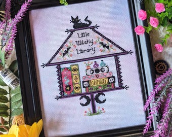 Little Witchy Library Cross Stitch, Library Cross Stitch Pattern, Witch Cross Stitch Patter, Bookshelf Cross Stitch Pattern, Witchy xstitch
