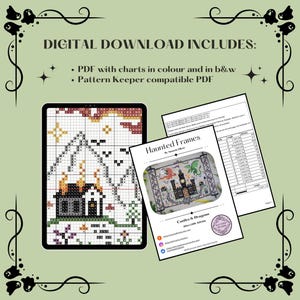 K&ouml;nnte beinhalten: Ein digitales Kreuzstichmuster mit dem Titel Haunted Frames: Castles & Dragons. Der Download enth&auml;lt ein PDF mit farbigen und schwarz-wei&szlig;en Diagrammen sowie eine mit Pattern Keeper kompatible Datei. Das Bild zeigt ein Rastermuster und ein Infoblatt.