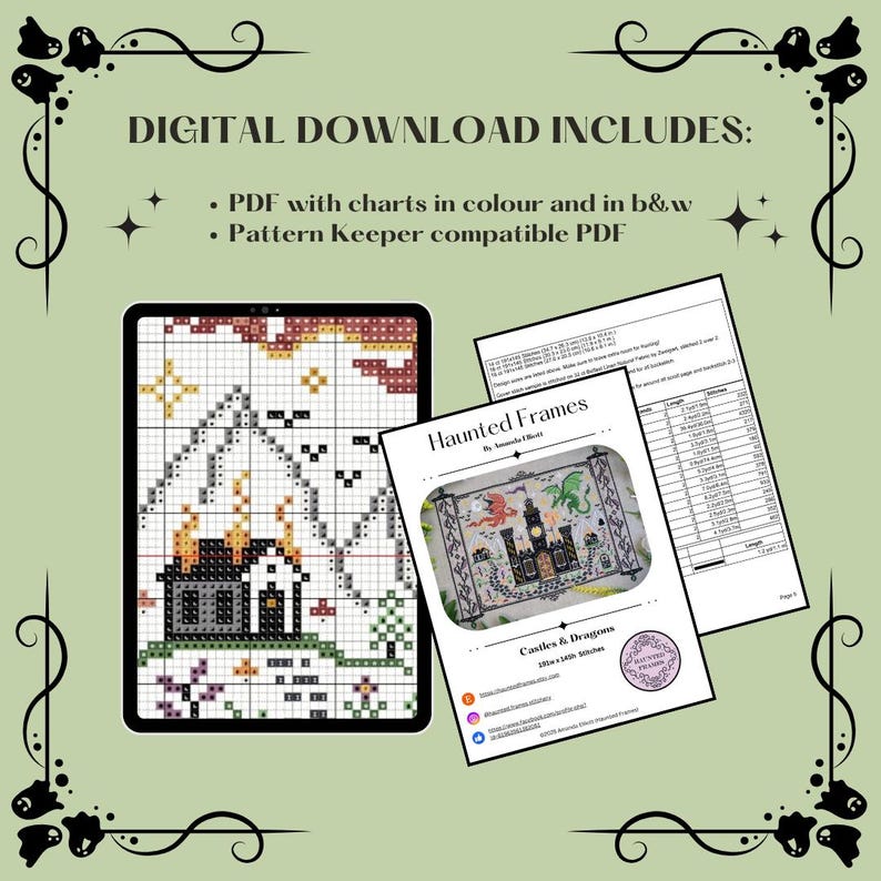 K&ouml;nnte beinhalten: Ein digitales Kreuzstichmuster mit dem Titel Haunted Frames: Castles & Dragons. Der Download enth&auml;lt ein PDF mit farbigen und schwarz-wei&szlig;en Diagrammen sowie eine mit Pattern Keeper kompatible Datei. Das Bild zeigt ein Rastermuster und ein Infoblatt.
