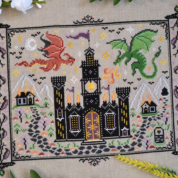 Castles & Dragons Cross Stitch Pattern, Fire Dragon, Wyvern, Fantasy, Scroll, Medieval, Battle, Floral, Xstitch, Wings, Pattern Keeper, PDF