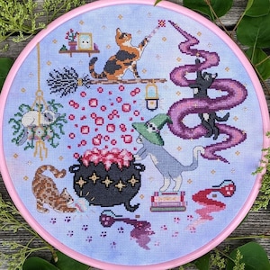 Wicked Kittens Cross Stitch Pattern, Cat Xstitch, Witchy, Magic, Cauldron, Potions, Spell Books, Witch Broom, Whimsical, Pattern Keeper, PDF