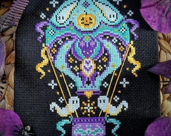 Halloween Hot Air Balloon Cross Stitch Pattern, Ghostly Heights, Pumpkins, Spoopy, Spooky, Gothic, Bat, Xstitch PDF Pattern, Pattern Keeper