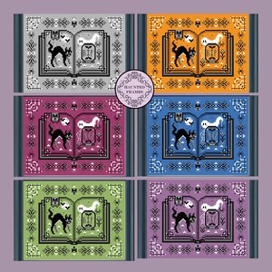 May include: Five different colored frames with a black cat and a ghost inside an open book. The book has the word "RIP" on it. The frames are gray, orange, maroon, blue, and purple. The text "Haunted Frames" is in a circle at the top of the image.