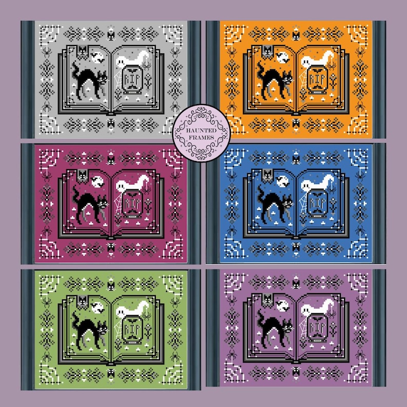 May include: Five different colored frames with a black cat and a ghost inside an open book. The book has the word "RIP" on it. The frames are gray, orange, maroon, blue, and purple. The text "Haunted Frames" is in a circle at the top of the image.